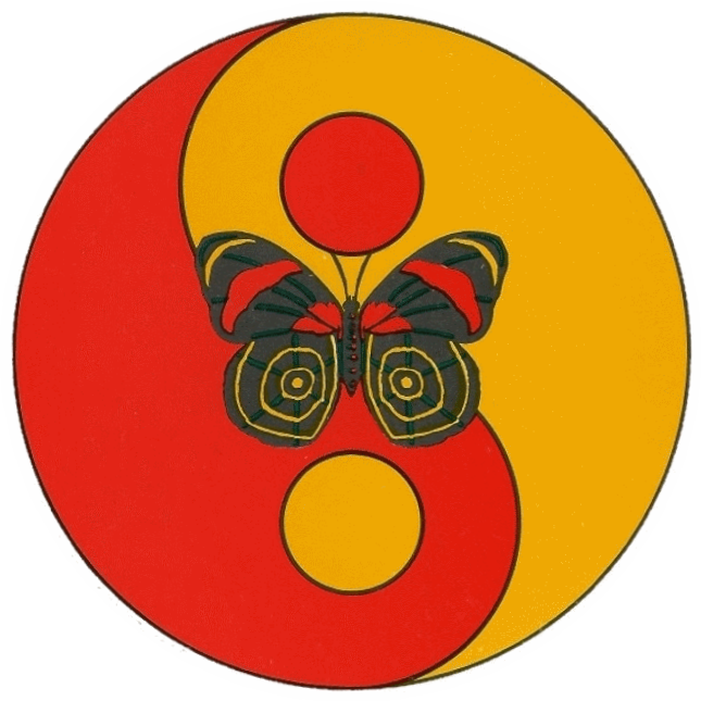 Logo: Schmetterling vor Yin/Yang-Symbol
